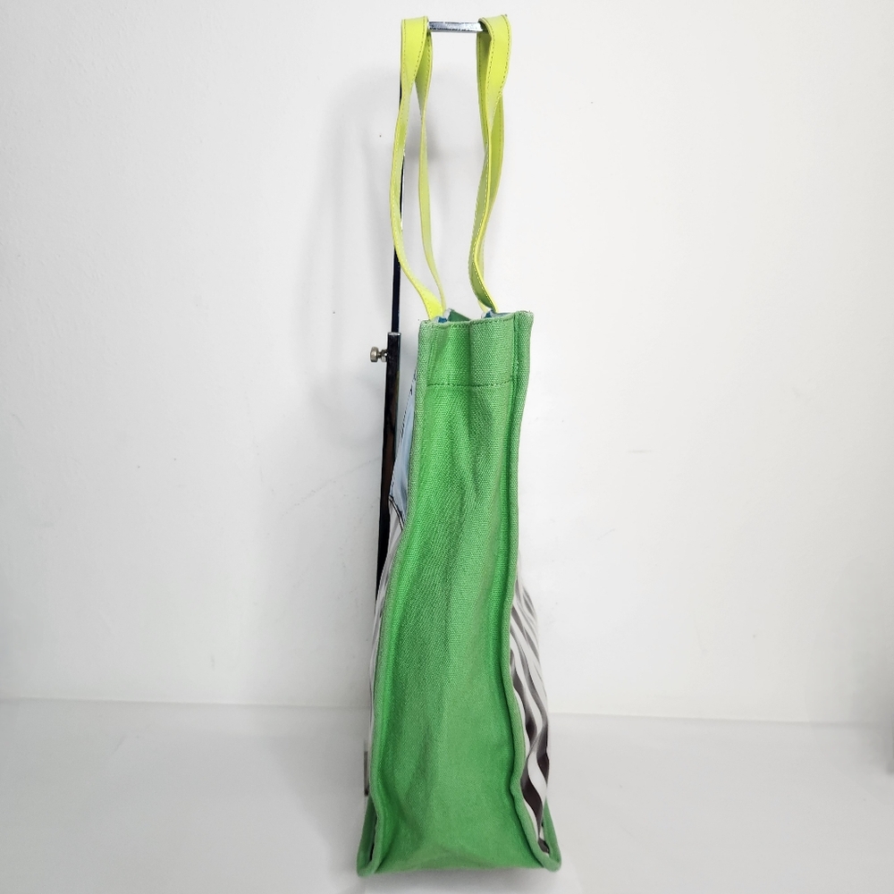 Henri Bendel Tote Bag PVC Canvas Blue Brown White Stripe Green Trim - Picture 8 of 10
